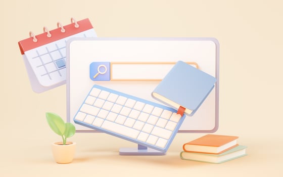 Workspace with computer and books, 3d rendering. photo