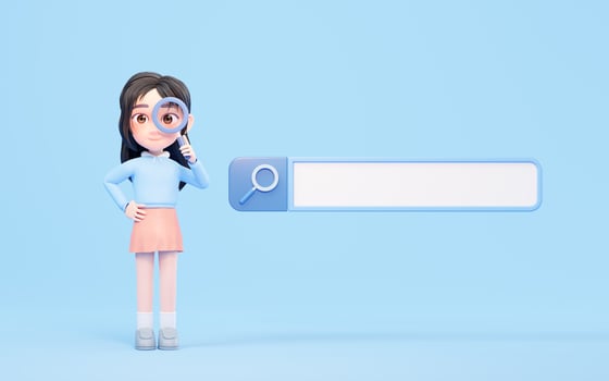 Little girl and search bar with cartoon style, 3d rendering. photo
