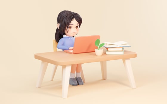 The girl works with computer at desk, 3d rendering. photo