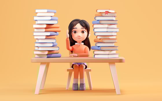 Little girl study hard, learning at desk, 3d rendering. photo