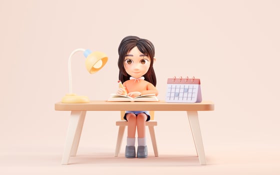 Little girl study hard, learning at desk, 3d rendering. photo