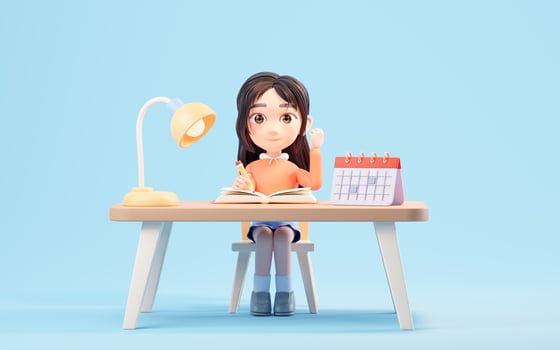 Little girl study hard, learning at desk, 3d rendering. photo