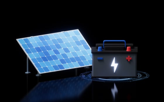 Solar panels and batteries, 3d rendering. photo