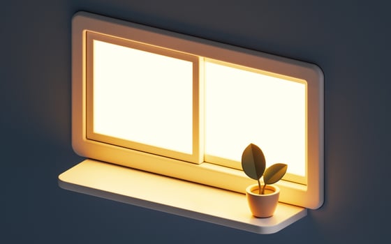 3D cartoon style windowsill with golden light, 3d rendering. photo