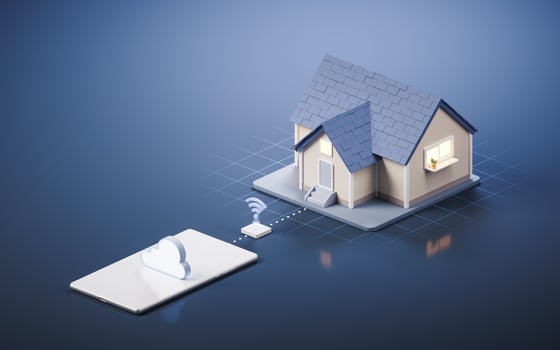 Residence house and mobile phone remote, 3d rendering. photo