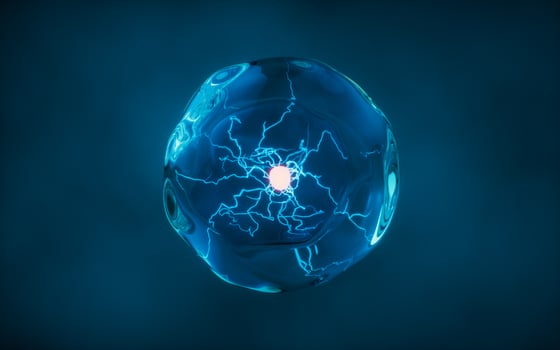 Transparent cell with glowing nucleus inside, 3d rendering. photo