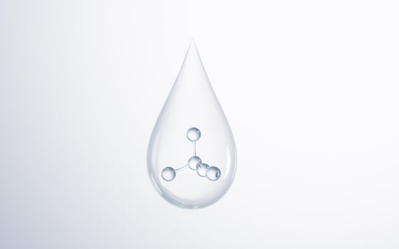 Transparent water drop with molecule inside, 3d rendering. photo