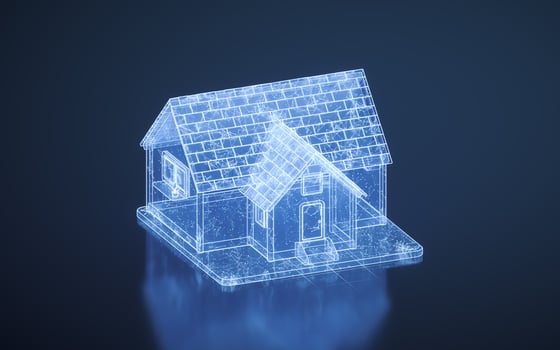 3D cartoon house with blue digital lines, 3d rendering. photo