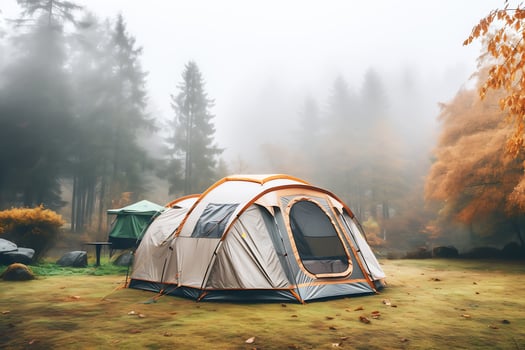 A large tourist tent stands on a lawn in the middle of a forest in autumn foggy weather. AI Generative photo