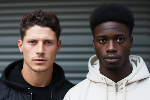 Two young Caucasian and African American men in white and black sportswear pose on the street. Young men looking at the camera. AI Generative photo