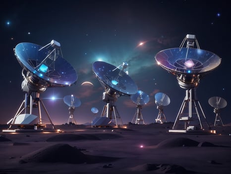 collection Set of Radio telescopes at night with starry nights releasing with hologram hud as wide banner for space research and discovery and futuristic communication concepts, Generate ai photo