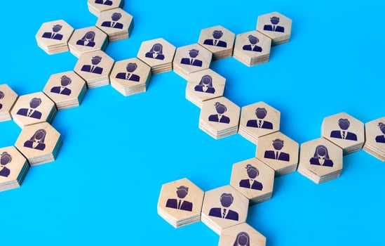 Chains of connected people. Cooperation in solving tasks. Assistance and collaboration. Unity. Networking. Social connections. Build working relationships and interactions in the company. photo
