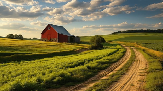 Green fields rural barns AI Generated photo