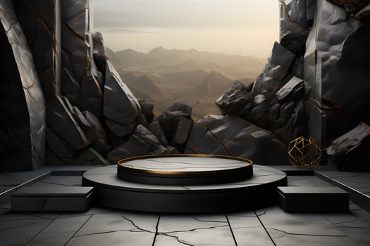 Futuristic dark room with stone floor, 3d render. AI Generative Illustration. Podium for product shoot. photo