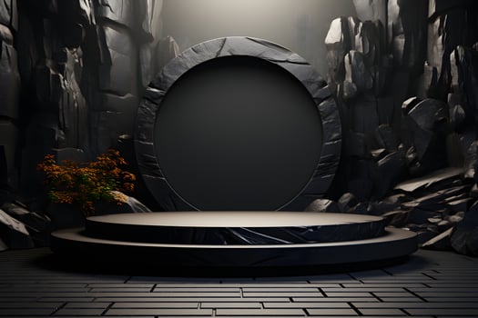 Futuristic dark room with stone floor, 3d render. AI Generative Illustration. Podium for product shoot. photo