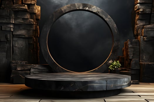 Futuristic dark room with stone floor, 3d render. AI Generative Illustration. Podium for product shoot. photo