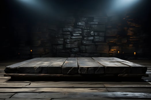 Futuristic dark room with stone floor, 3d render. AI Generative Illustration. Podium for product shoot. photo