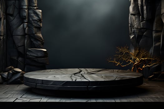 Futuristic dark room with stone floor, 3d render. AI Generative Illustration. Podium for product shoot. photo
