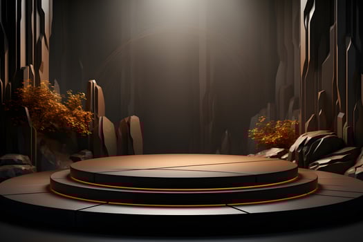 Futuristic dark room with stone floor, 3d render. AI Generative Illustration. Podium for product shoot. photo
