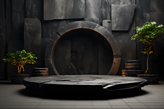 Futuristic dark room with stone floor, 3d render. AI Generative Illustration. Podium for product shoot. photo