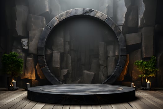 Futuristic dark room with stone floor, 3d render. AI Generative Illustration. Podium for product shoot. photo