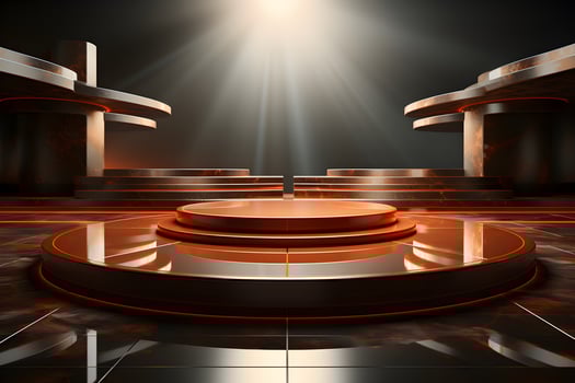 Futuristic dark room with stone floor, 3d render. AI Generative Illustration. Podium for product shoot. photo
