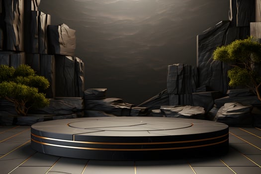 Futuristic dark room with stone floor, 3d render. AI Generative Illustration. Podium for product shoot. photo