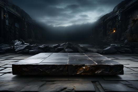 Futuristic dark room with stone floor, 3d render. AI Generative Illustration. Podium for product shoot. photo