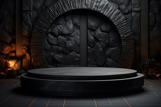Futuristic dark room with stone floor, 3d render. AI Generative Illustration. Podium for product shoot. photo