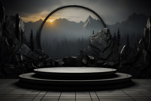 Futuristic dark room with stone floor, 3d render. AI Generative Illustration. Podium for product shoot. photo