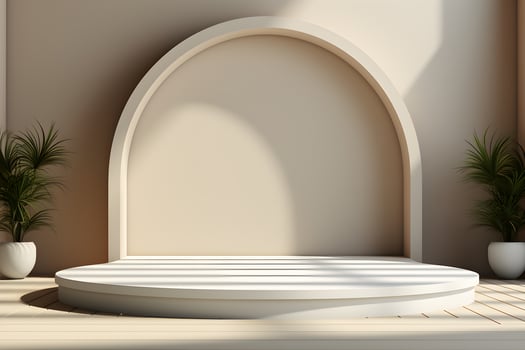 3d render of white round podium on the wooden floor in the modern room. AI Generative Illustration. Podium for product shoot. Minimal Display for product. photo