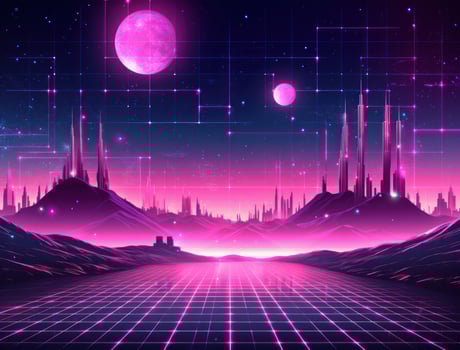 A futuristic pink land with a landscape with lighted icons photo
