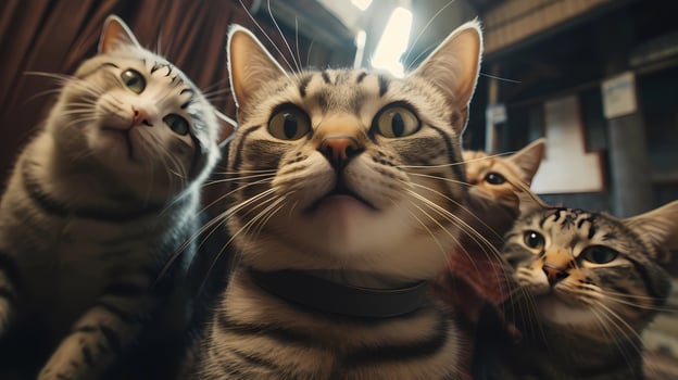 A cat is taking a selfie with 3 other cats in the background, photo realistic, cinematic, AI generated.