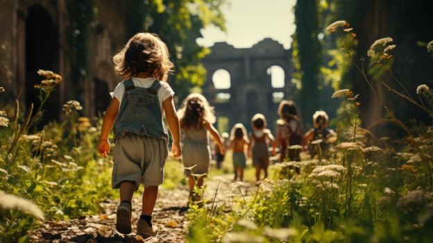 Ai, Ai generated, Happy children playing outdoors, enjoying joyful moments, adventures together in the sunny autumn park photo
