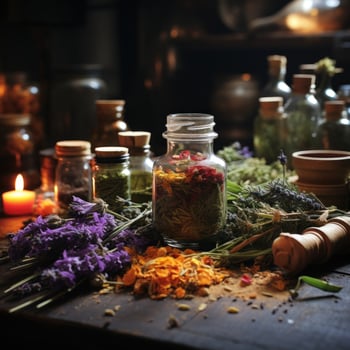 Herbal organic medicines from plant extracts of ginger, turmeric, galangal etc. to heal traditionally. Great for nutrition, immune, business, herbal companies, health blogs etc. Image of generative Ai photo