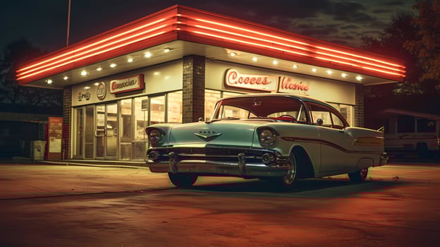 Classic car in front of a retro gas station, evoking a bygone era. gas station, nostalgia, classic car, retro, vintage. AI generated. photo