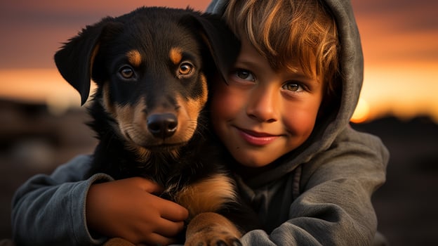 selfie photo of a little boy with his dog  . Generative AI
