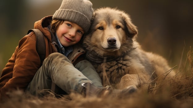 selfie photo of a little boy with his dog  . Generative AI