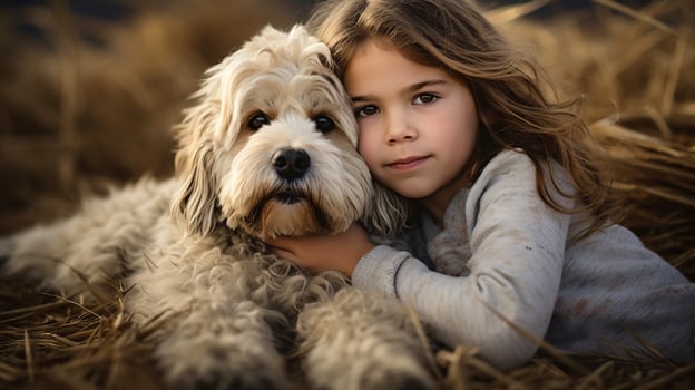 selfie photo of a little boy with his dog  . Generative AI