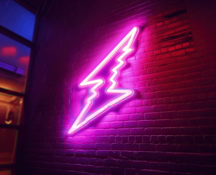 Neon light lightning on brick wall, digital illustration. Generative AI photo