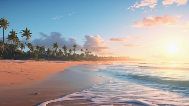 AI generated, Photo realistic, Unspoiled and serene, this beach boasts powder-soft sands, aquamarine waves for ideal swimming, and a backdrop of lush greenery.