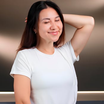 Happy smiling woman in white tshirt mockup photo