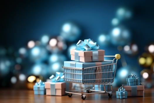 Shopping cart with gift boxes and balloons on blue background. 3d rendering AI Generated photo