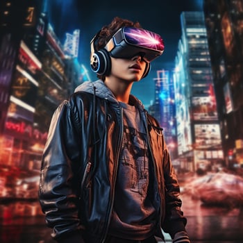 Illustration of a person wearing a virtual reality VR headset, AI Generated. photo