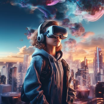 Illustration of a person wearing a virtual reality VR headset, AI Generated. photo