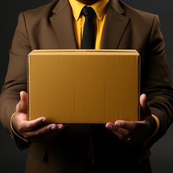 Courier brings cardboard boxes to customers, delivery service to customers, packing cardboard boxes. Great for business, giving, job career, websites, services. Generative Ai concept photo