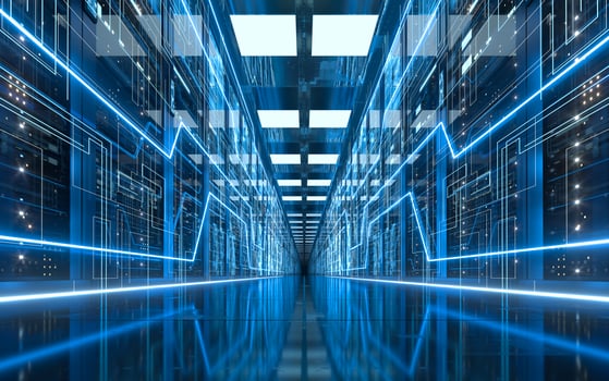 Server racks in computer network security server room data center, 3d rendering. photo