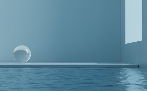 Glass balls and water in an empty room, 3d rendering. photo