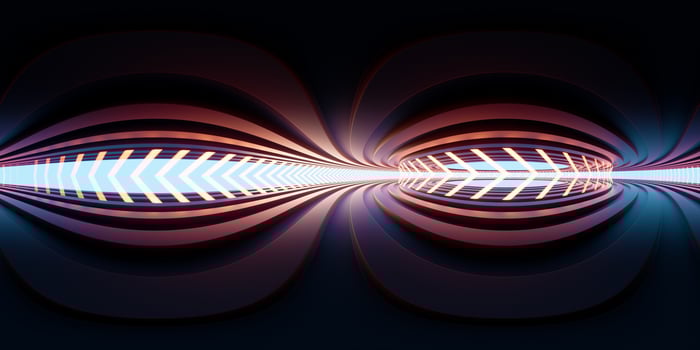 Neon lights and tunnel, 360 degree panorama, 3d rendering. photo