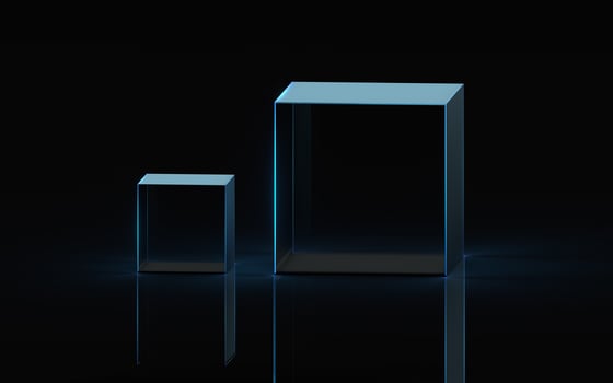 Empty glass showcase with dark background, 3d rendering. photo